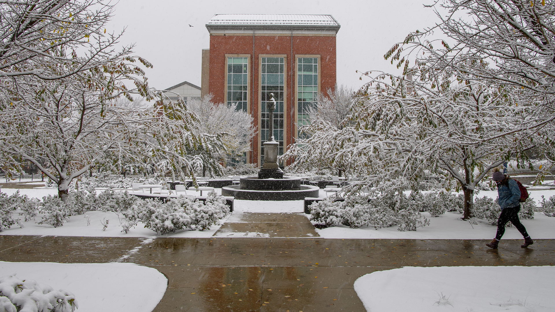 The Gentry Building covered in snow in winter.