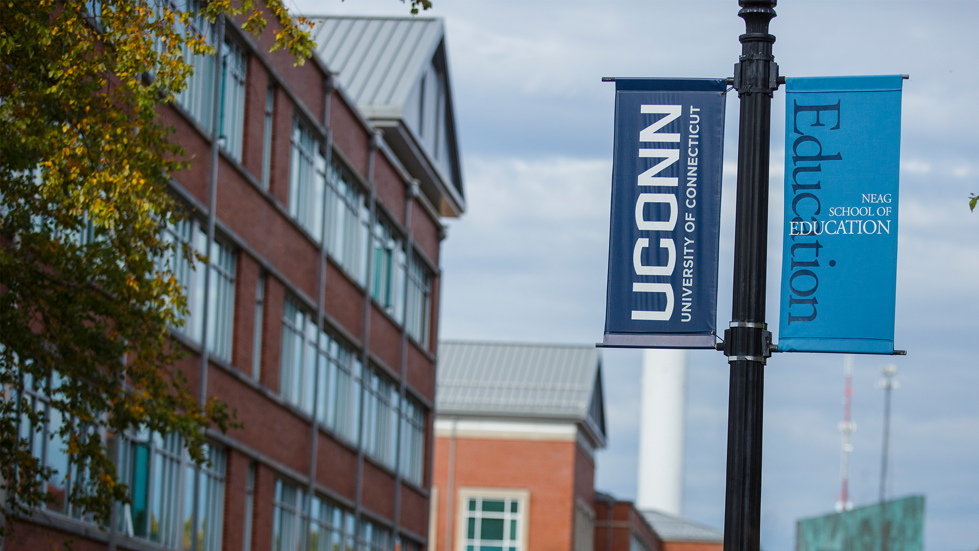 A UConn banner and a Neag School of Education banner hang on a lamppost outside the Gentry Building.